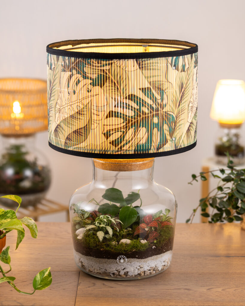 abat jour lampada da tavolo terrario in vetro con paralume monstera e piante tropicali